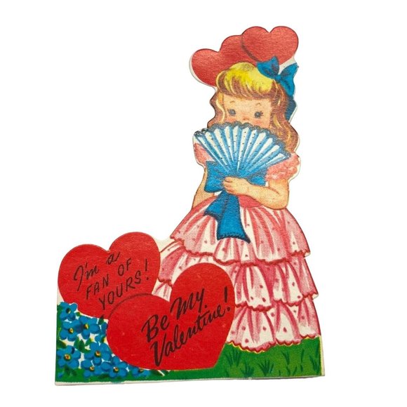 1940s Vintage Valentine Card Southern Belle Fan of Yours Hearts Die Cut - Picture 1 of 4